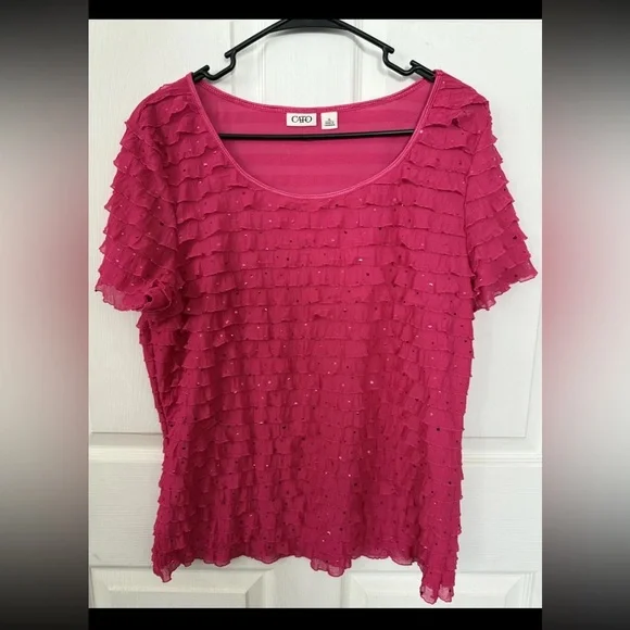 CATO Women’s Short Sleeve Pink Sparkle Ruffle Blouse XL - Picture 1 of 5